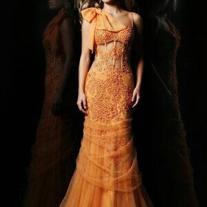 Exquisite Couture Runway Designer Beaded Corset Scarf Elegant Evening Gown Dress